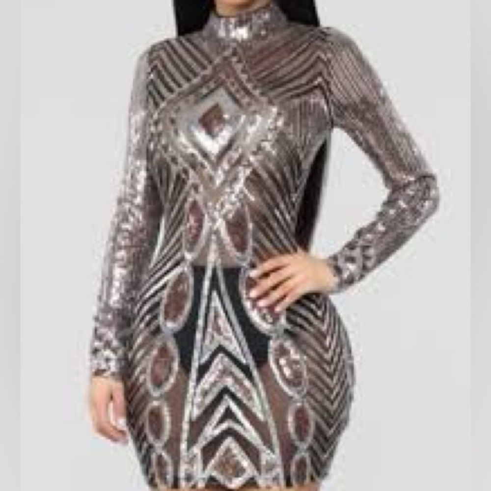 Fashion Nova Black and Silver Sequin Long Sleeve Dress
